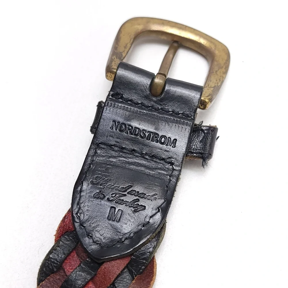 Nordstrom Braided Leather Belt Black Burgundy Brown Woven Brass Buckle Size M 28